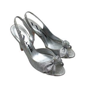 Nina Open Toe Heels Silver Sparkle Bow Sandals 7M
